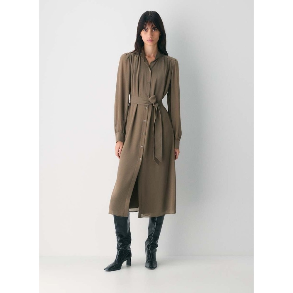 NWT Wilfred Aritzia Broadway Shirt Dress Cola Taupe Belted Puff Sleeve Midi XS